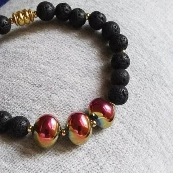 GIFT SET! Magenta Rose Gold + Lava Rock Beads ~ Vibrant Bold Bracelet + Earrings - Picture 11 of 12